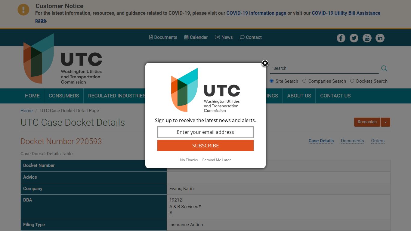 UTC Case Docket Detail Page | UTC - utc.wa.gov